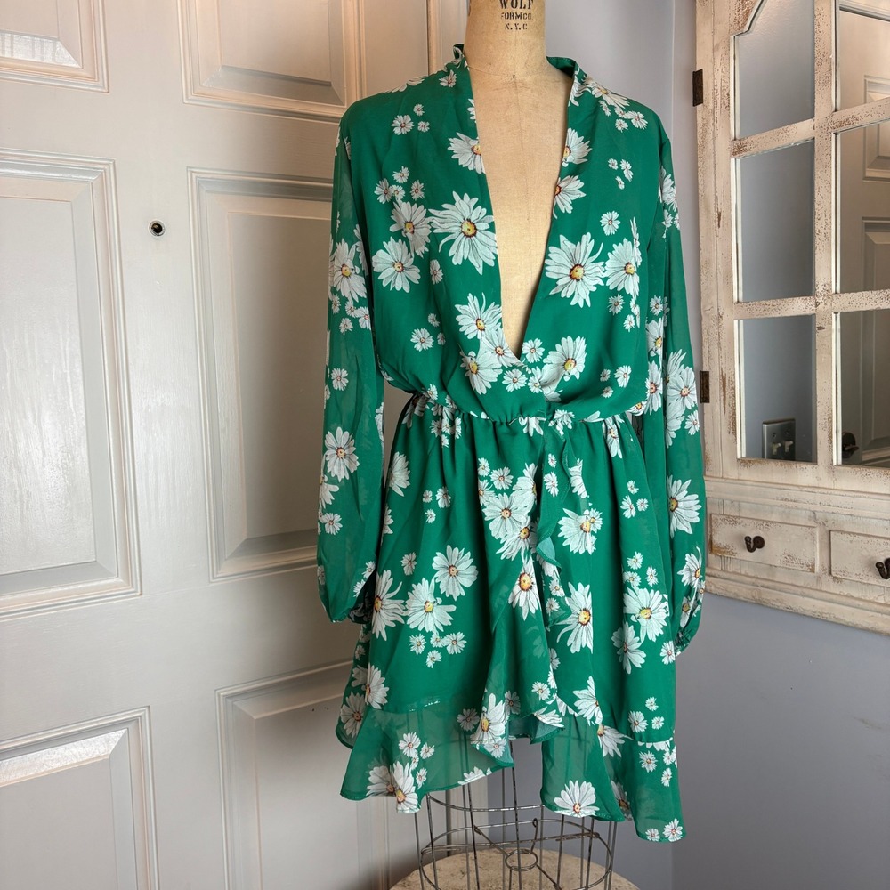 Alexia Admor Green Daisy Floral Surplice Ruffle Mini Dress 10 Long Sleeve Boho
